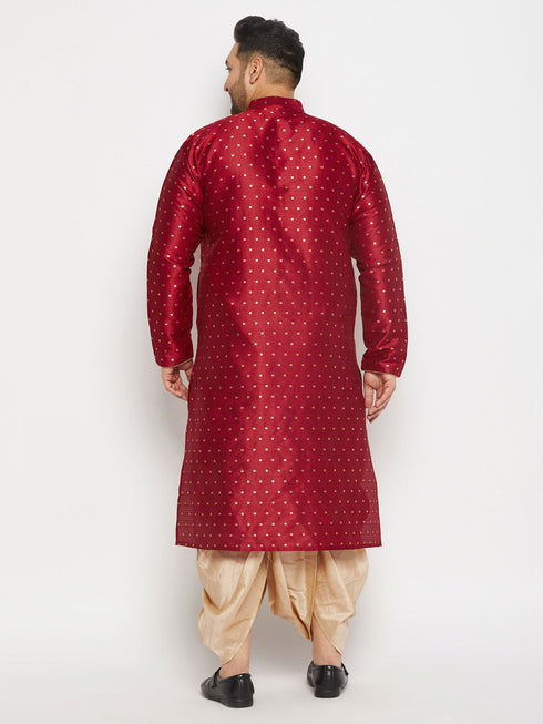 Vastramay Men's Plus Size Maroon Zari Weaved Kurta Dhoti Set